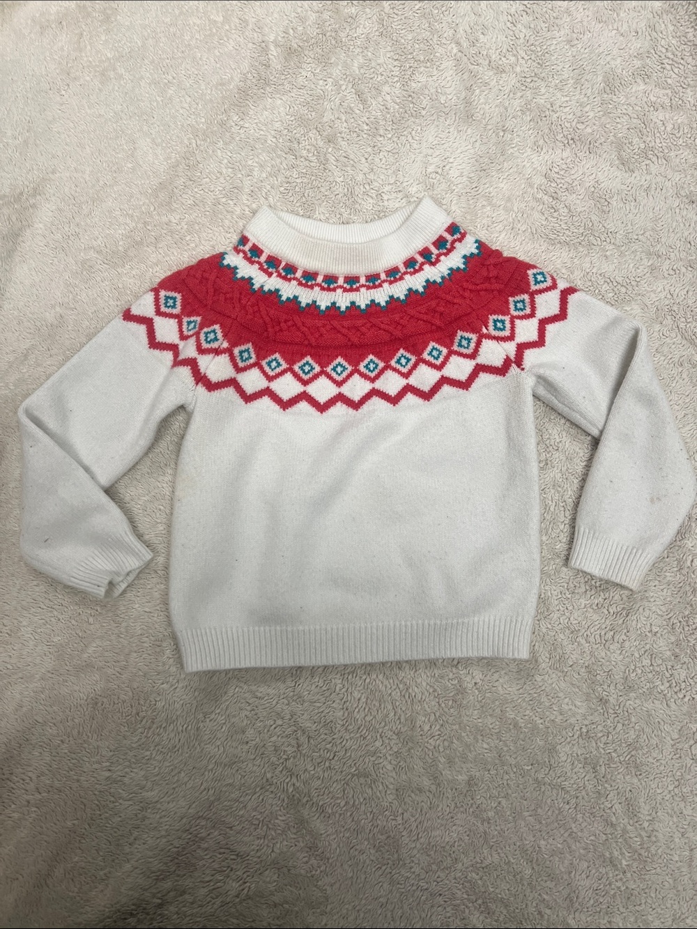 Girl’s White Fair Isle Knit Sweater with Pink Accent